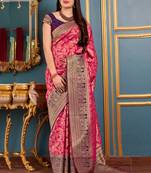 Pink woven banarasi silk saree with blouse