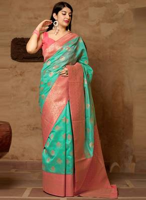 Green woven banarasi silk saree with blouse 1