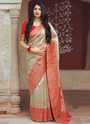 Beige woven banarasi silk saree with blouse 1