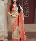 Beige woven banarasi silk saree with blouse