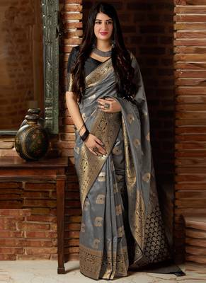 Grey woven banarasi silk saree with blouse 1