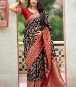 Black woven banarasi silk saree with blouse