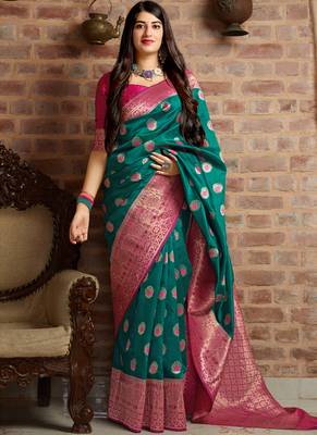 Turquoise woven banarasi silk saree with blouse 1