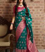 Turquoise woven banarasi silk saree with blouse