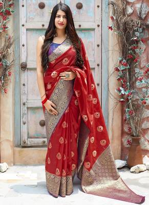 Red woven Banarasi silk blend saree with blouse 1