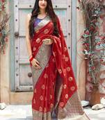 Red woven Banarasi silk blend saree with blouse