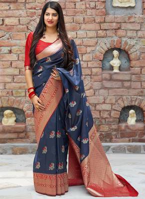 Navy blue woven banarasi silk saree with blouse 1