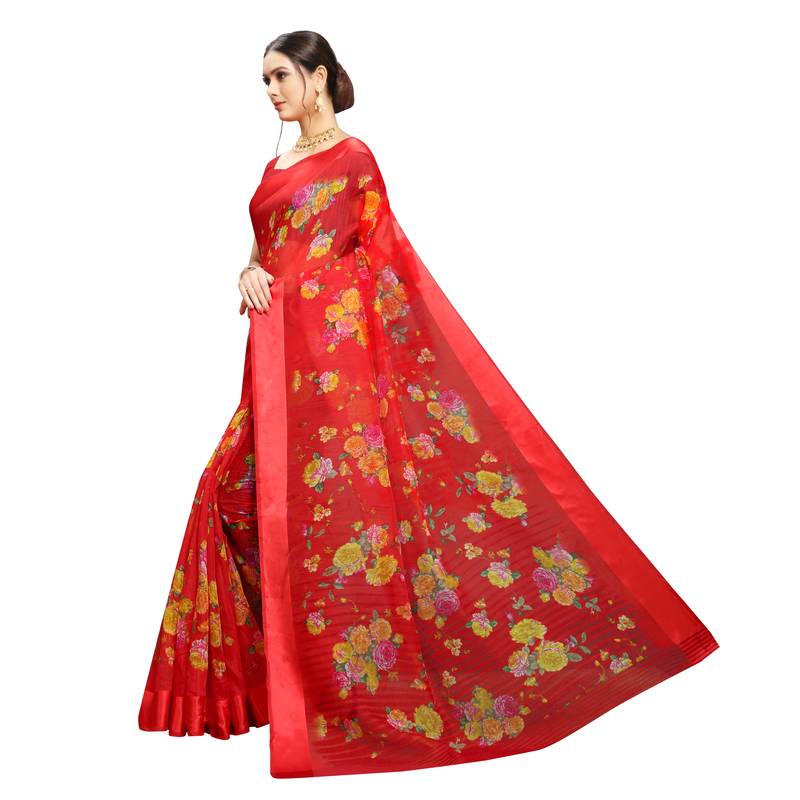 Red Printed Cotton Saree main image 0