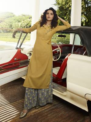 Light Mustard Embroidered Rayon Kurtas And Kurtis 2