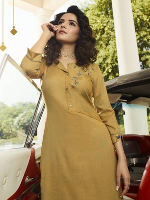 Light Mustard Embroidered Rayon Kurtas And Kurtis 3