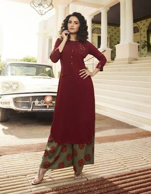 Maroon Embroidered Rayon Kurtas And Kurtis 1