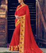 Red Printed Chiffon Saree With Blouse