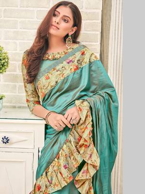 Green plain silk saree with blouse 2