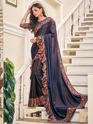 Blue plain silk saree with blouse 1