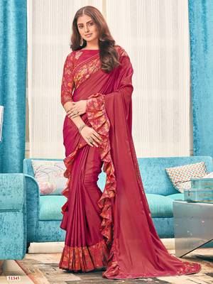Red plain silk saree with blouse 1