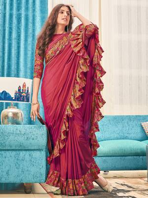 Red plain silk saree with blouse 2
