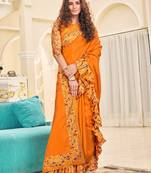 Orange plain silk saree with blouse