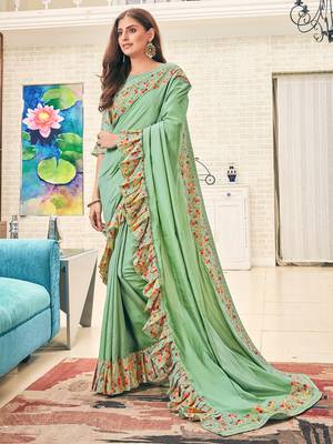 Green plain silk saree with blouse 1