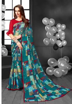 Blue printed georgette saree with blouse 1