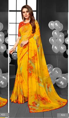 Yellow printed georgette saree with blouse 1