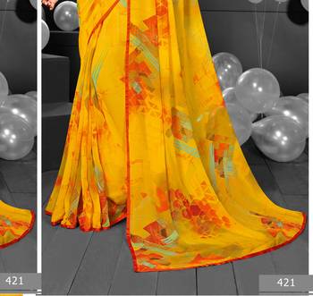 Yellow printed georgette saree with blouse 2