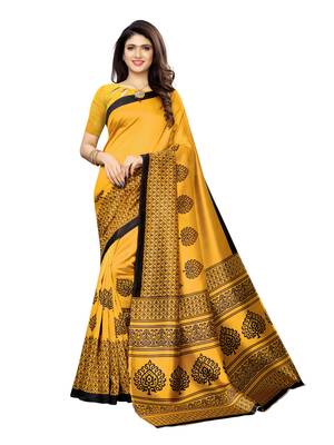 Yellow Printed Poly Silk Saree With Blouse 1