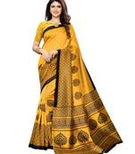 Yellow Printed Poly Silk Saree With Blouse