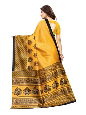 Yellow Printed Poly Silk Saree With Blouse 4