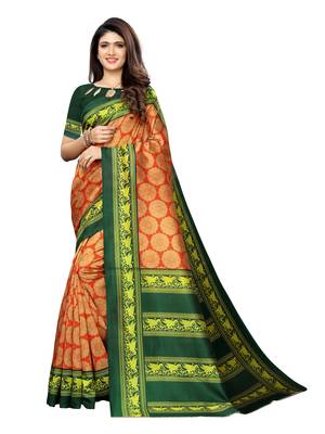 Orange Printed Poly Silk Saree With Blouse 1