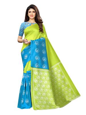 Green Printed Poly Silk Saree With Blouse 1