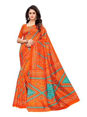 Orange Printed Poly Silk Saree With Blouse 1