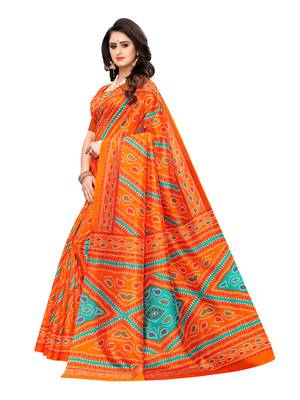 Orange Printed Poly Silk Saree With Blouse 2