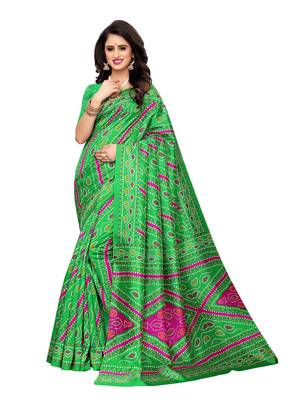 Green Printed Poly Silk Saree With Blouse 1