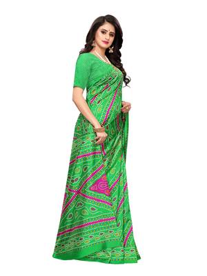 Green Printed Poly Silk Saree With Blouse 3