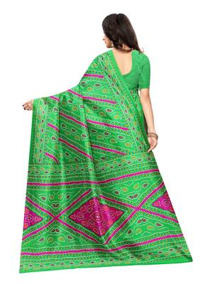 Green Printed Poly Silk Saree With Blouse 4