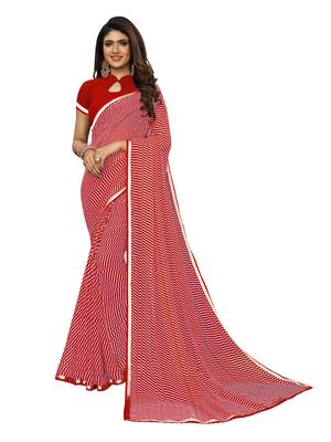 Red Printed Chiffon Saree With Blouse 1