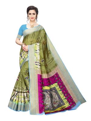 Olive Printed Chanderi Silk Saree With Blouse 1