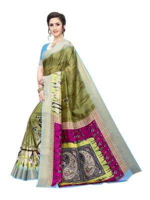 Olive Printed Chanderi Silk Saree With Blouse 2