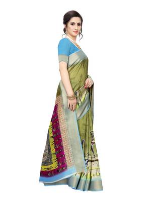 Olive Printed Chanderi Silk Saree With Blouse 3