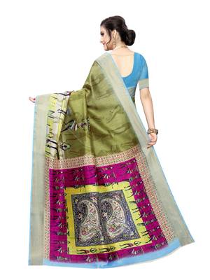 Olive Printed Chanderi Silk Saree With Blouse 4