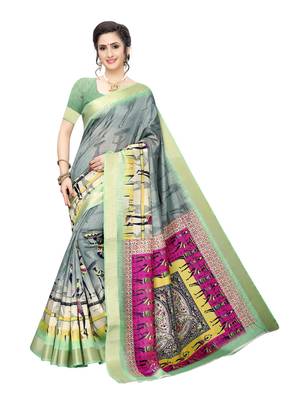 Grey Printed Chanderi Silk Saree With Blouse 1