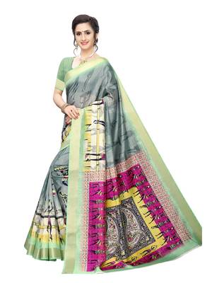 Grey Printed Chanderi Silk Saree With Blouse 2