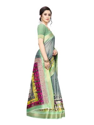 Grey Printed Chanderi Silk Saree With Blouse 3