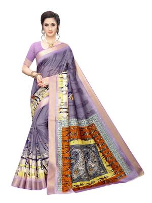 Purple Printed Chanderi Silk Saree With Blouse 1