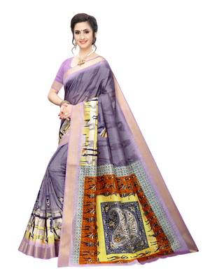 Purple Printed Chanderi Silk Saree With Blouse 2