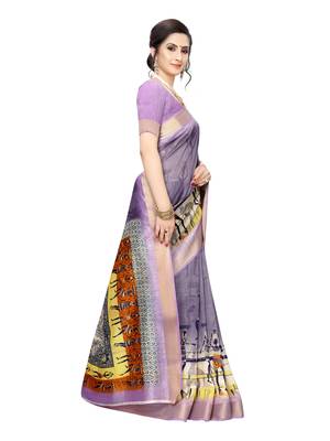 Purple Printed Chanderi Silk Saree With Blouse 3