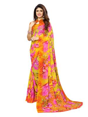 Yellow printed georgette saree with blouse 1