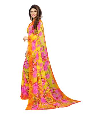 Yellow printed georgette saree with blouse 2