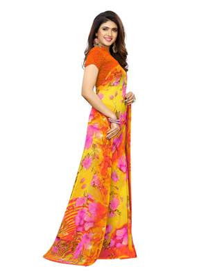 Yellow printed georgette saree with blouse 3