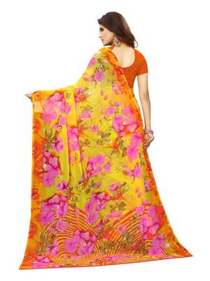 Yellow printed georgette saree with blouse 4